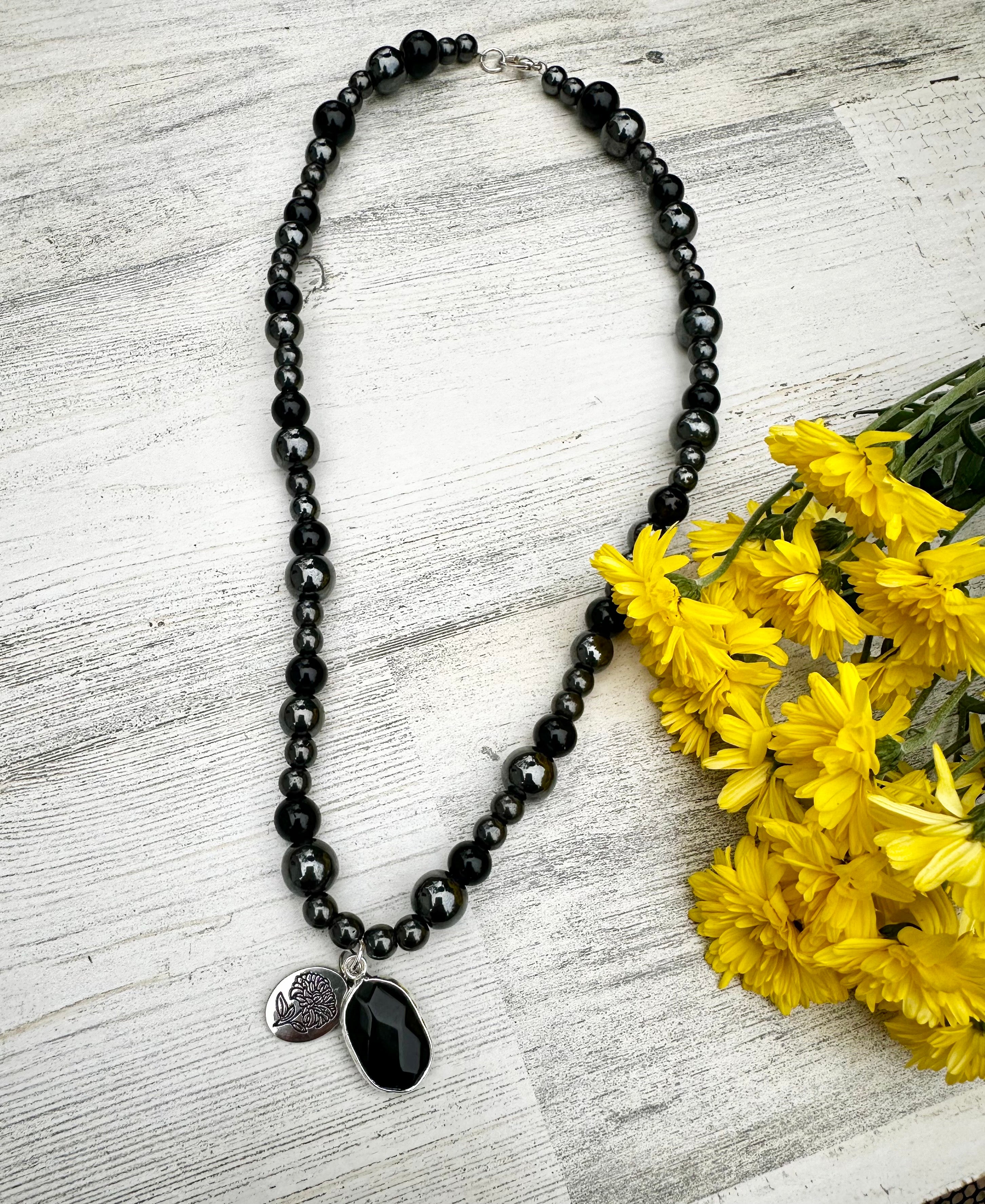 October Birth Flower Necklace-Marigold + Black Onyx
