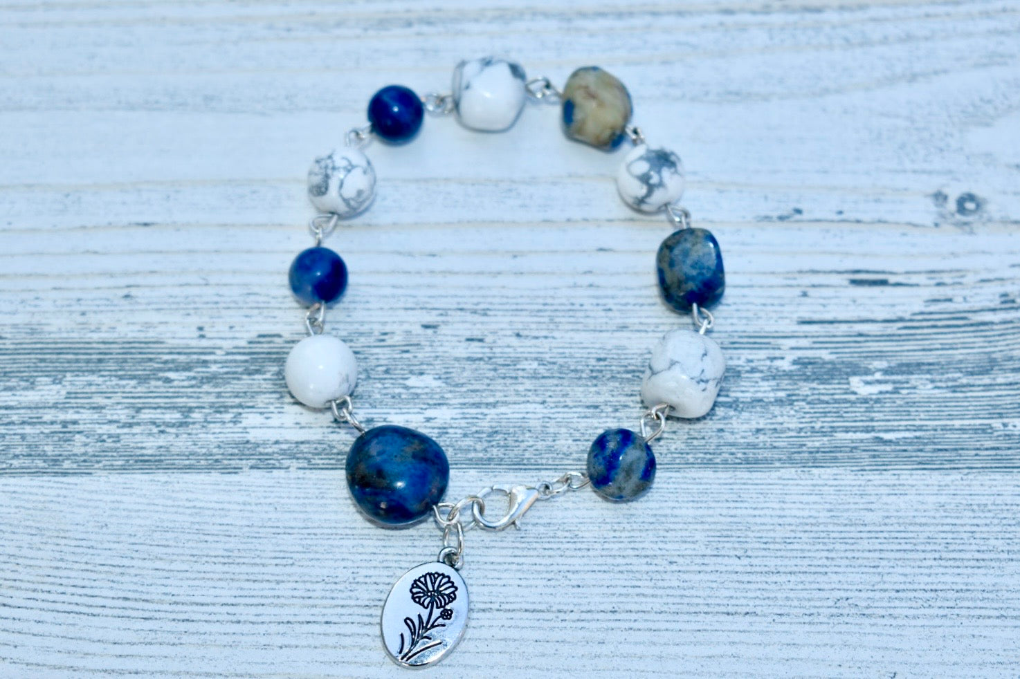 September Birth Flower Bracelet-Aster+Lapis Lazuli + Howlite