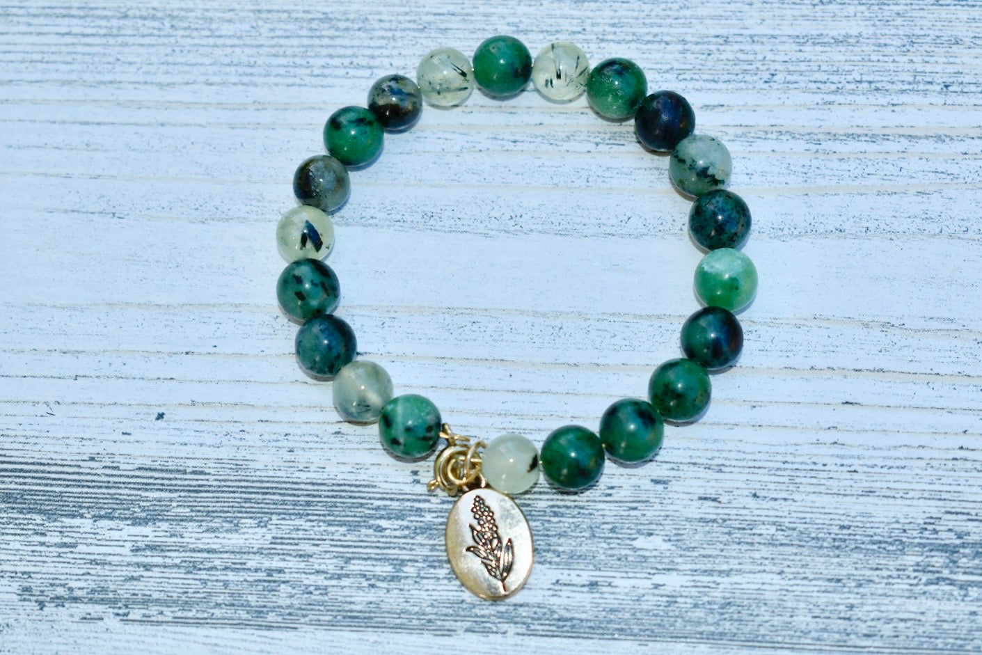 July Birth Flower Bracelet-Larkspur+Prehnite+Green Garnet